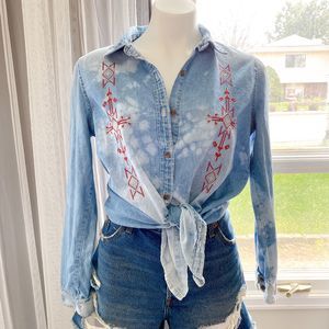Hand Bleach Dyed Chambray Embroidered Top